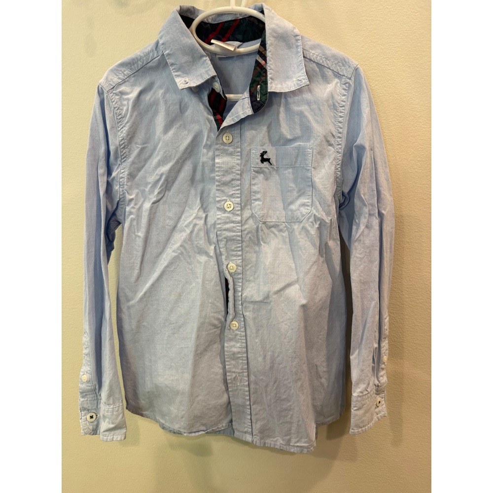 Gymboree Boys Light Blue Long Sleeve Button Down Plaid Trim Reindeer 100 cotton